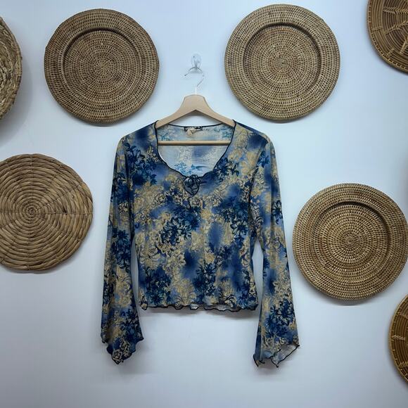 Vintage Y2K 2000s Fashion Bug Blue Tan Tie Neck Floral Flare Top Boho Fairy - Picture 2 of 8